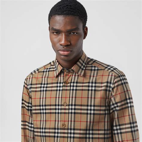 burberry panelled vintage check and icon stripe cotton shirt|Check Stretch Cotton Shirt in Archive beige .